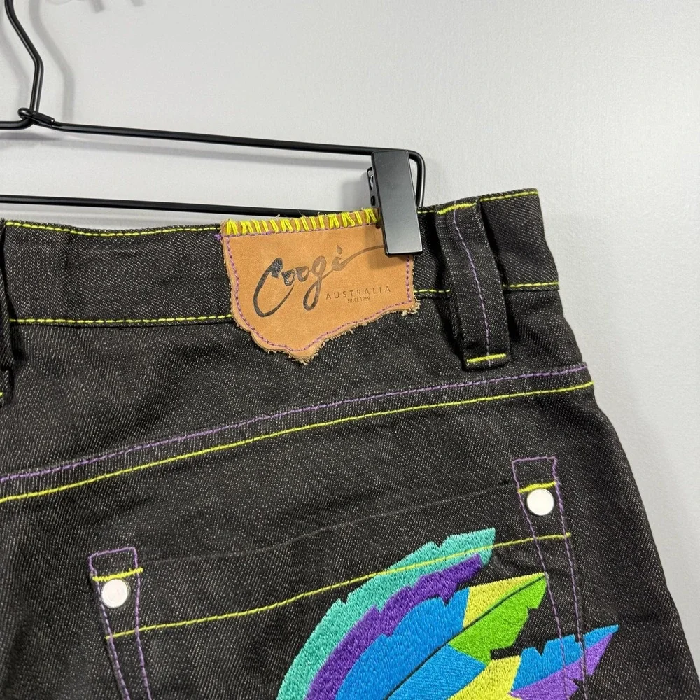 Coogi Shorts Mens 36 Black Denim Bermuda Colorful Embroidered Feather Graphic